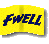 Yellow flag-shaped icon with dark blue text 'FWELL' on a gray background, showing subtle wave animation