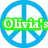 Pixelated peace sign icons with text overlays: blue top, multicolored bottom, green "Olivia's" and pink "rules" on left; green peace sign with blue "page" on right.