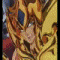 Animated sequence of a character in golden armor with blue accents, performing dynamic poses against a backdrop of white and blue energy effects.