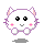 Pixelated white cat with pink inner ears, black eyes, and a small smile on gray background.