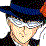 Pixelated character with white hair, blue hat, and orange flower accessory in three sequential poses showing head movement.