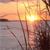 Pixelated sunset scene with bright sun over water, silhouetted tree branches, and warm orange-yellow sky transitioning to gray water.