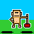 Pixel art animation of a character using tools on objects, with text bubbles changing across frames.