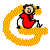 Pixelated character in red shirt on yellow spiral background with four distinct poses showing sequential movement.