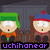 Pixelated cartoon characters in orange sweaters and green/blue hats sit on wooden chairs with text reading 'uchihaneor' at top and bottom.