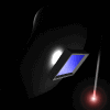 Animated sequence showing a blue screen device with red light beam, rotating against dark background with white glow.