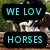 Four display horse racing scenes with text overlays reading "WE LOV HORSES" and "Loves Horses" in cyan lettering on black backgrounds