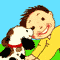 A pixelated cartoon character with brown hair and a yellow shirt holds a white dog with black spots against a blue sky and green ground background.