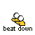 Pixelated yellow figure with white spherical head holding two white balls, transitioning from 'beat down' to 'beat off' states with red splatter effects.