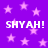 Purple background with scattered pink stars and repeated white text 'SHYAH! SHYAH!' in pixelated font.
