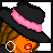 Pixelated cartoon character with orange skin, brown hair, black hat with pink band, red lips, and white hoop earring; text display handwritten phrases