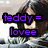 A four- shows a person with dark hair and light scarf; the top-left displays purple text 'teddy = lovee' while other lack visible text