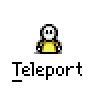 Animated contact sheet of a pixel art character performing various actions with 'Teleport' text labels beneath each frame.