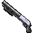 Pixelated image of a dark gray cylindrical object with white and light blue highlights, angled diagonally against a solid gray background.