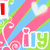 A colorful animated icon with diagonal pink, blue, and green stripes, white swirls, and a heart shape, displaying changing text elements.
