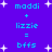 Pixelated blue text on purple background with white stars, showing two identical equations 'maddi + lizzie = bfis' in a