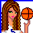 A 4x4 contact sheet of a pixel-art animated icon featuring a cartoon woman with long brown hair holding an orange basketball, accompanied by text elements on a red background.
