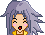 Pixel art character with long gray hair and yellow top in six expressions: winking, open eyes, smiling, closed eyes.