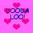 Pixelated pink background with scattered red hearts and blue text reading 'DOODA LOO!' in four positions.