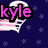 Pixelated pink-and-white striped heart-shaped icon with text elements on a dark blue starry background, displaying 'kyle is sooo hot!!! <3'