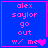 Blue background with pink text and border; four show 'alex saylor go out w/ me' with a heart symbol changing to a speaker icon