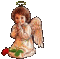 Pixelated angel icon with brown hair, white dress, green halo, and red rose prop; wings shift from folded to spread across observations.