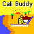 Pixel art scene with 'Cali Buddy' text above a beach setting featuring palm trees, a sunset, and a character on a platform.