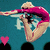 A pixelated figure in a pink swimsuit performs a diving pose against a blue background with white text, featuring a small pink heart symbol.