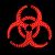 Red biohazard symbols in various states of distortion and rotation on a black background.