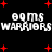 Pixelated text 'boms' and 'WARRIORS' repeated twice on black background with scattered red plus signs.