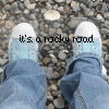 repeated images showing a person's lower legs and feet in blue denim jeans and light blue sneakers on a gravel surface, with text above each pair