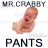 Static pixelated icon featuring a baby-like figure with text "MR. CRABBY" above and "PANTS" below, rendered in low-resolution grayscale tones on white background.
