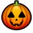 Pixelated orange pumpkin with triangular black eyes, small black nose, and wide black mouth, green stem on top, against white background.