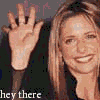 Animated sequence showing two people waving and reacting with text overlays like "hey there," "wanna," and "fuck?" against dark and blue backgrounds.