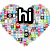 Heart-shaped pixelated icon with multicolored background and bold black-and-white 'hi' text centered over it.