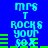 Blue background with cyan text reading "mrs T ROCKS YOUR SOX" and green horizontal bars, arranged in a pattern with repeated elements
