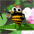 Animated bee with yellow and black stripes, large white eyes, and a pink flower on its head, holding a white flower while standing on a green leaf.