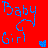 Blue pixelated text 'Baby Girl' on red background with a small blue heart shape in bottom right corner.