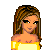 Animated pixel art of a woman in yellow top and purple shorts with green, blue, pink patches; text reads 'Happy Easter!' repeatedly.