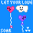 Pixel art animation of pink heart and white cloud icons with purple balloon-like shapes on blue background, text repeats 'LETYOURLOVE' and 'SOMF'
