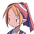 Pixelated anime-style character icon with pink headscarf, brown hair strands, and blue outfit against white background.