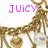 Animated icon featuring a gold chain necklace with heart and crystal pendants, pink text reading "JUICY COURTURE" at top and "<33" below.
