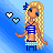 Pixel art of a blonde woman with blue accessories, wearing a striped top and shorts against a gradient background.