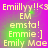Pixelated text on a purple-to-pink gradient background with green glow effects, displaying multiple variations of 'Emiillyyy!!<3' and related names.