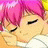 Pixelated anime-style character with pink hair and closed eyes, wearing white clothing, next to black background with white text.