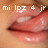Pixelated close-up of lips with visible teeth, overlaid text 'mi lpz 4 jr' in light-colored block letters on a brownish background.