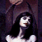 A woman with long dark hair and red lips wears a hooded garment against a purple background; an angel figure raises arms before a moon, and two figures embrace in black-and-white.