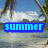 Pixelated beach scene with palm trees and water, featuring the word 'summer' in blue text on top-left