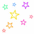 Pixelated star-shaped icons in various colors including green, blue, purple, yellow, orange, and pink arranged on a white background.