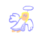 Pixelated angel figure with yellow hair, blue halo, and flowing blue robe in two poses against gray background.